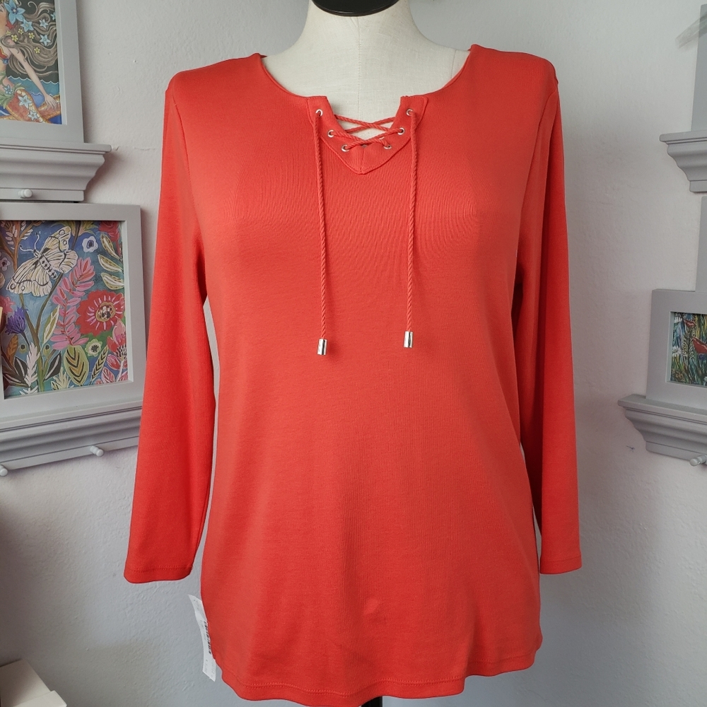 Rafaella Red Tie Front 3/4 Sleeve Tunic